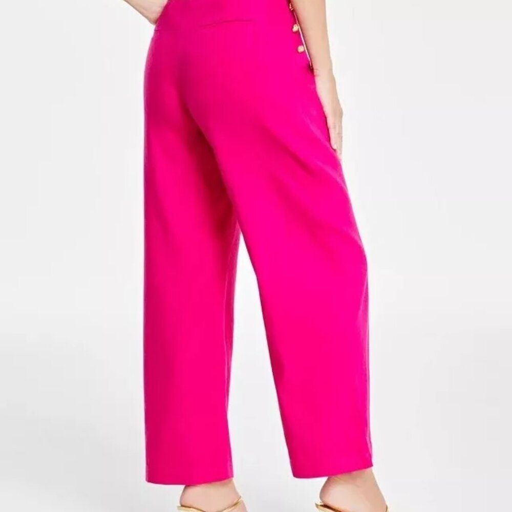 INC Button Trim Wide Leg Pants Hot Pink Linen 14